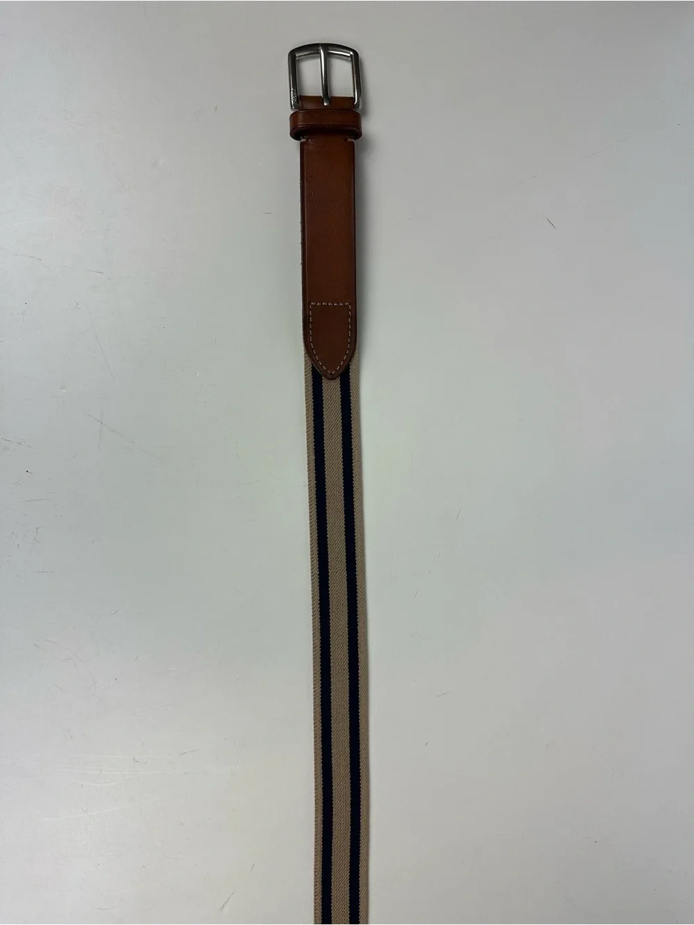 Polo by Ralph Lauren Tan and Navy Striped Canvas Belt with Brown Leather